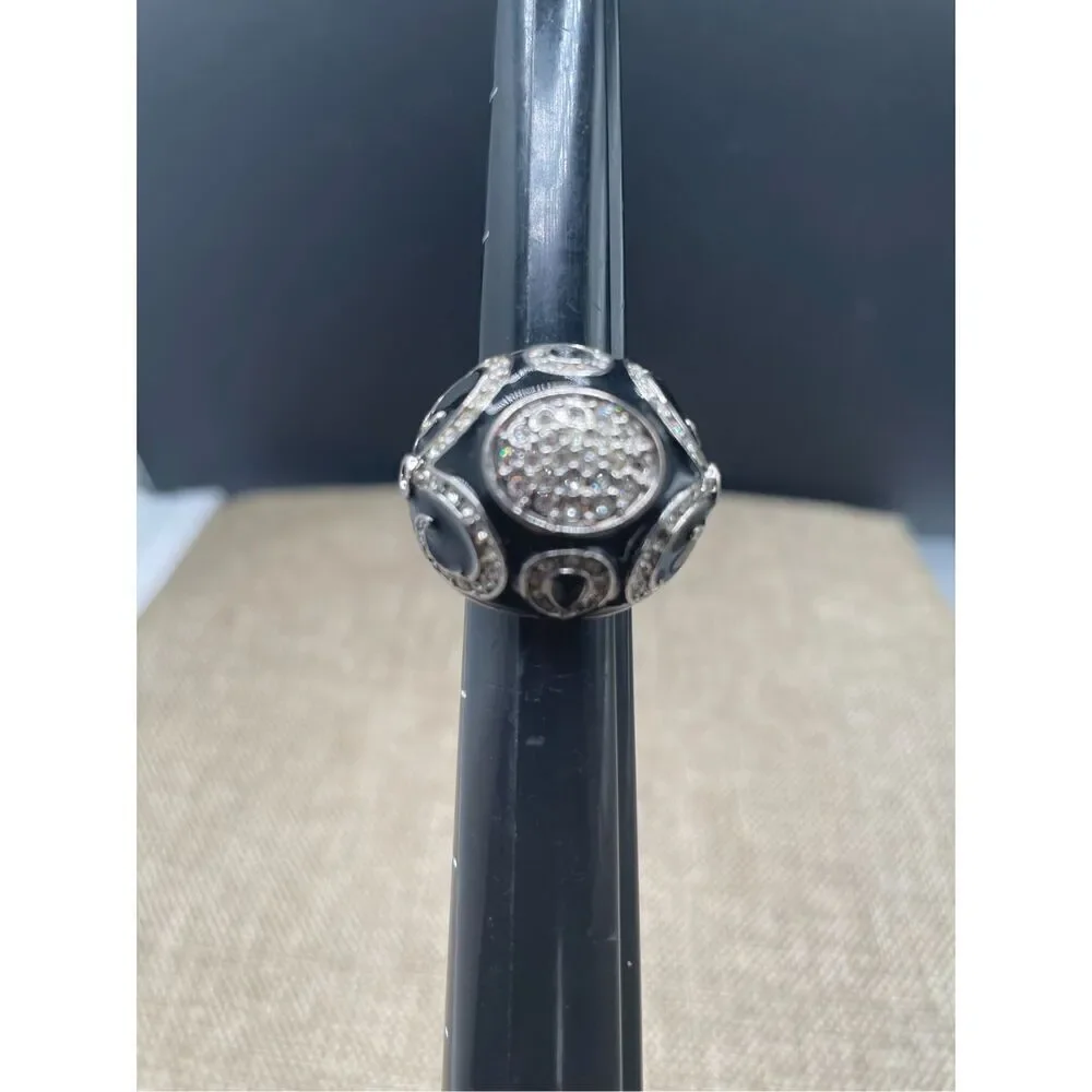 Black and Silver Dome Ring Black Enamel With Crystals in Swirl Patterns  Size 6